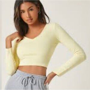 ❤️ SHEIN CURVE SZ OXL YELLOW LONG SLEEVE CROPPED V-NECK T-SHIRT NWOT
